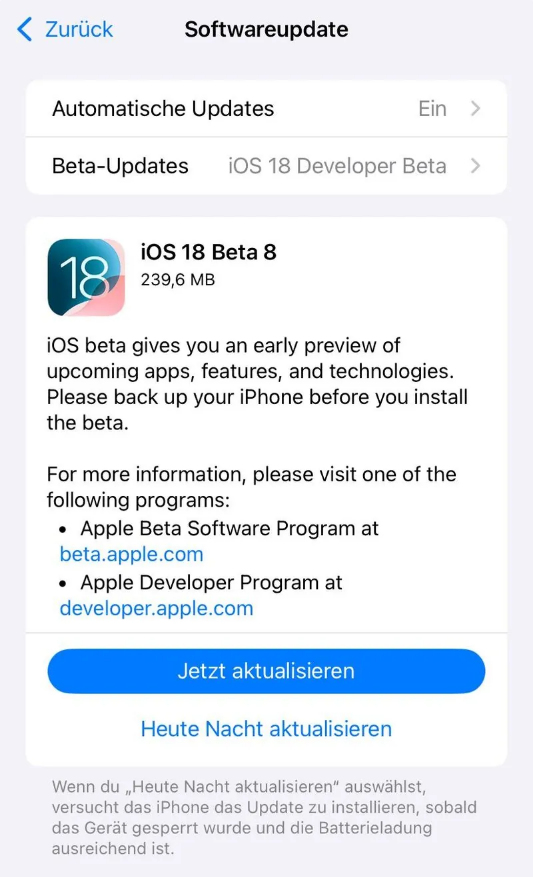 曲松苹果手机维修分享苹果 iOS / iPadOS 18 开发者预览版 Beta 8 发布 